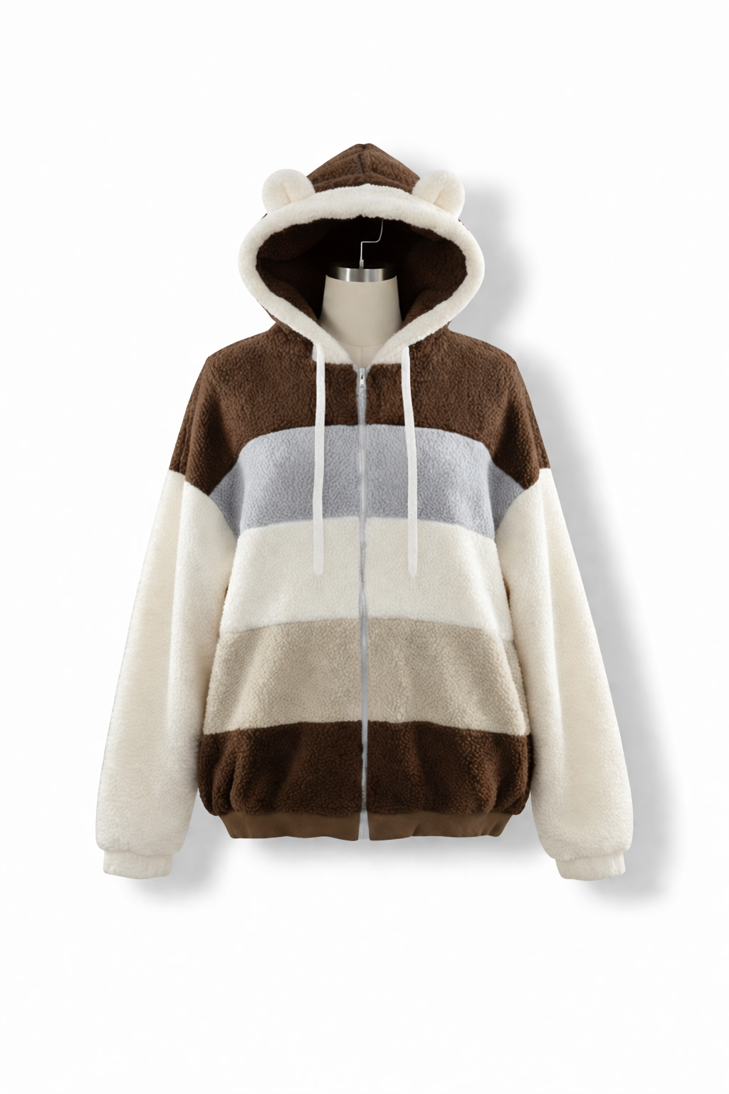 Playful Bear Ear Color-Blocked Sherpa Zip-Up Hoodie