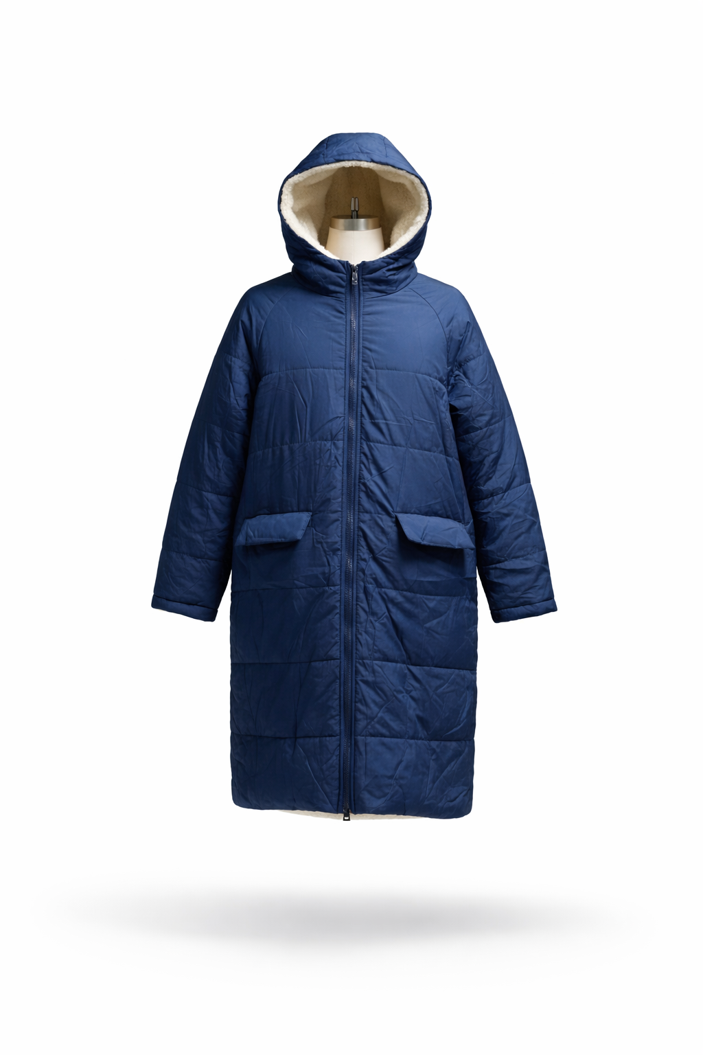 Women's Navy Blue Fleece-Lined Hooded Longline Puffer Jacket