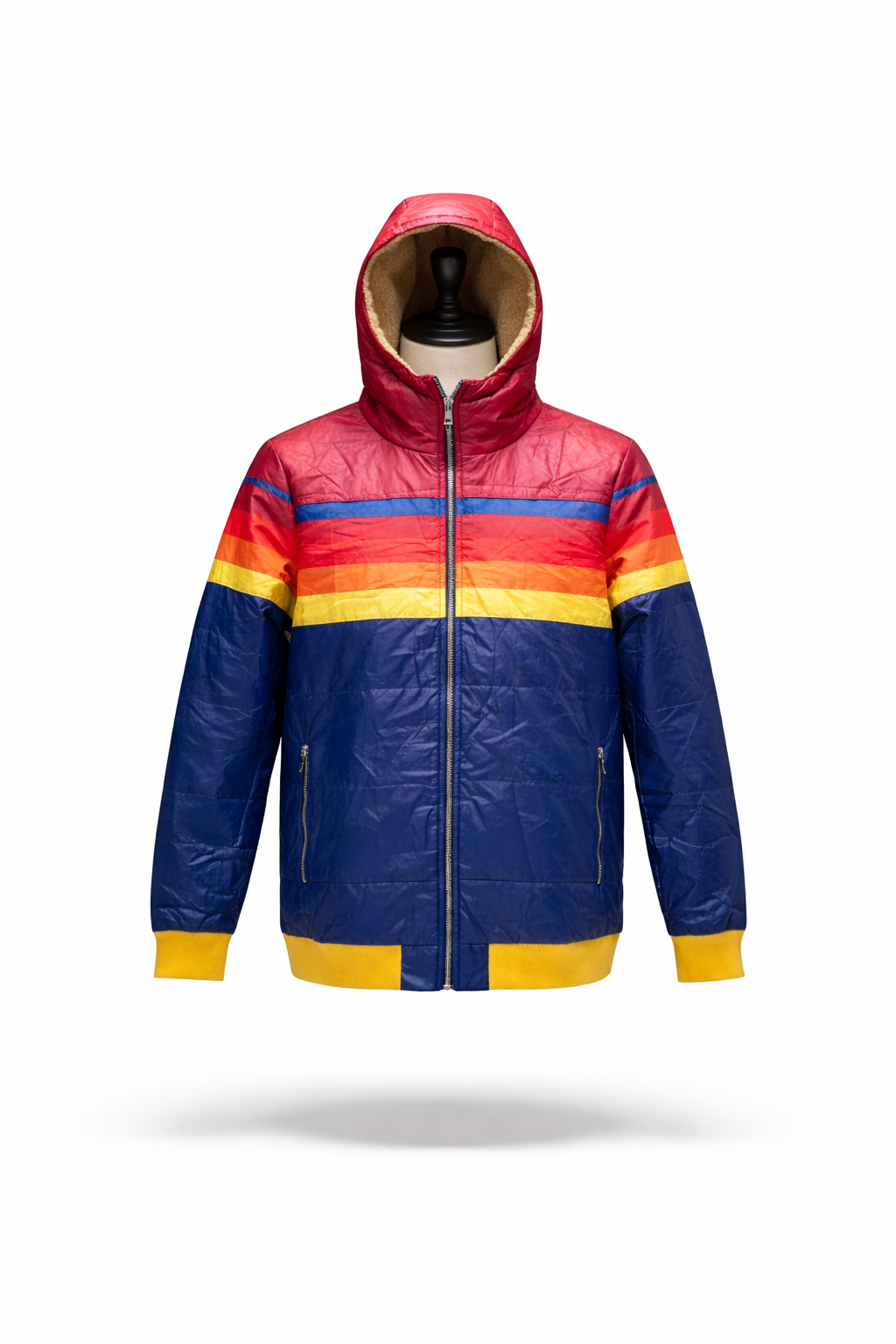 Retro Multi-Color Striped Hooded Puffer Jacket with Sherpa Lining