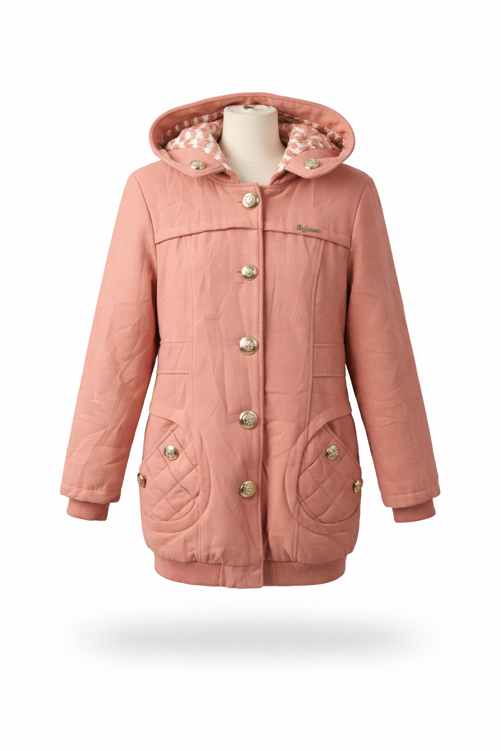 Girls Peach Hooded Button-Down Coat with Quilted Pockets