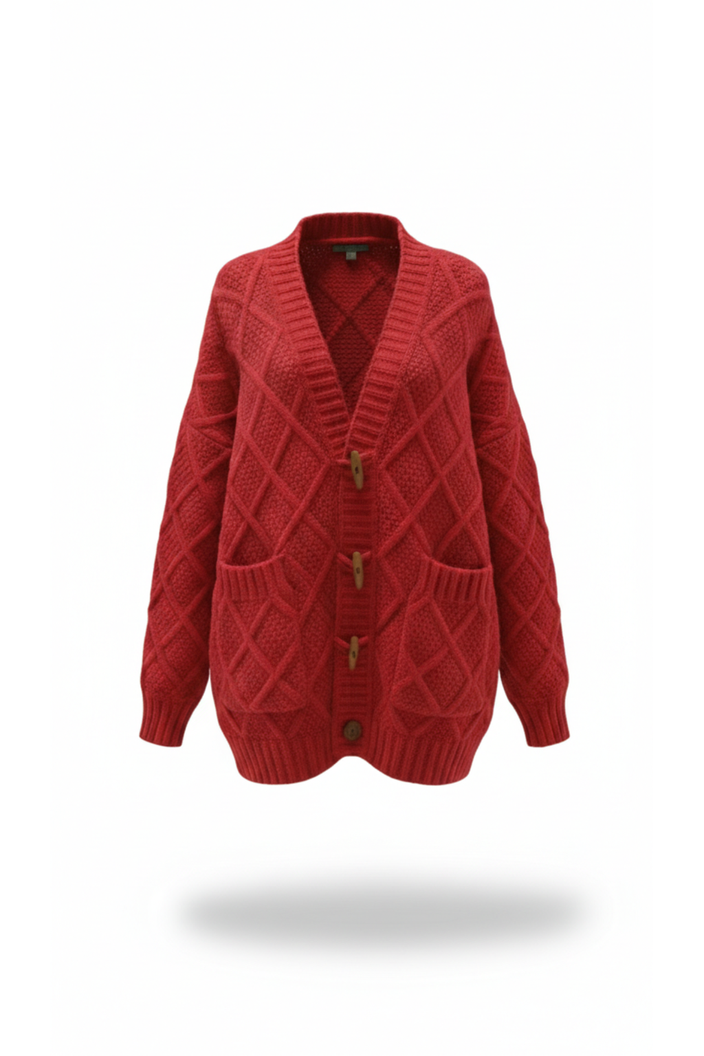 Women's Crimson Red Diamond Cable-Knit Cardigan with Toggle Buttons