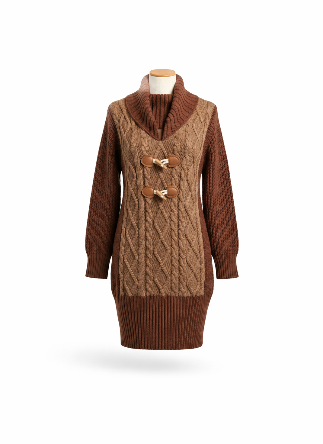Womens Shawl Collar Cable Knit Sweater Dress with Toggle Buttons