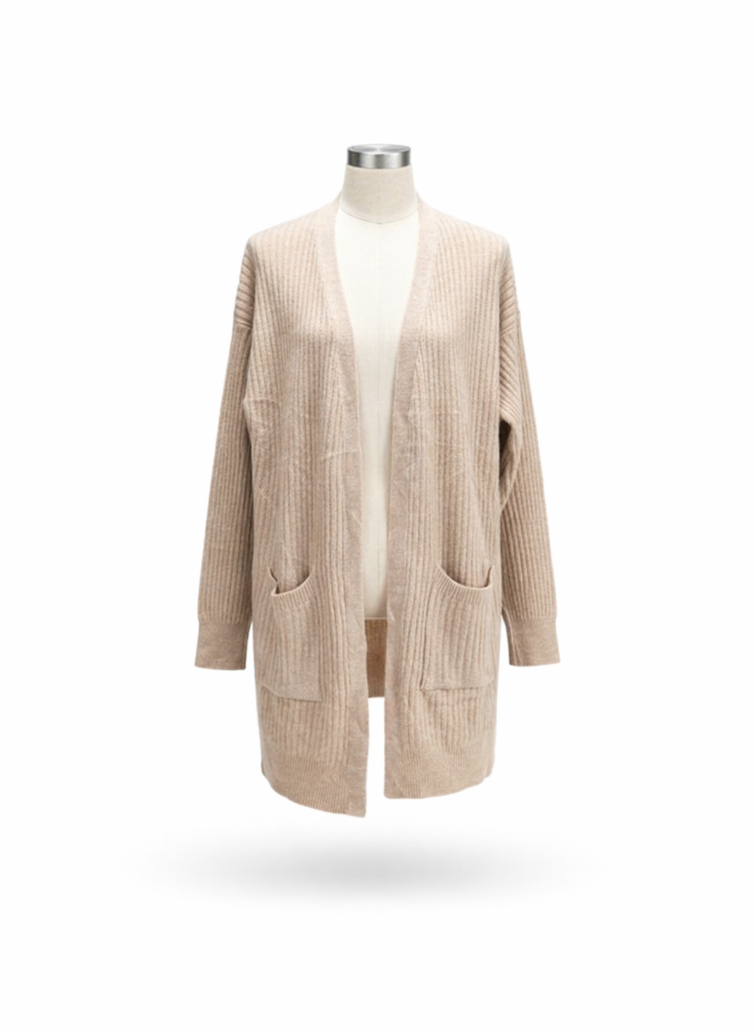 Women's Oatmeal Beige Ribbed Longline Open Cardigan