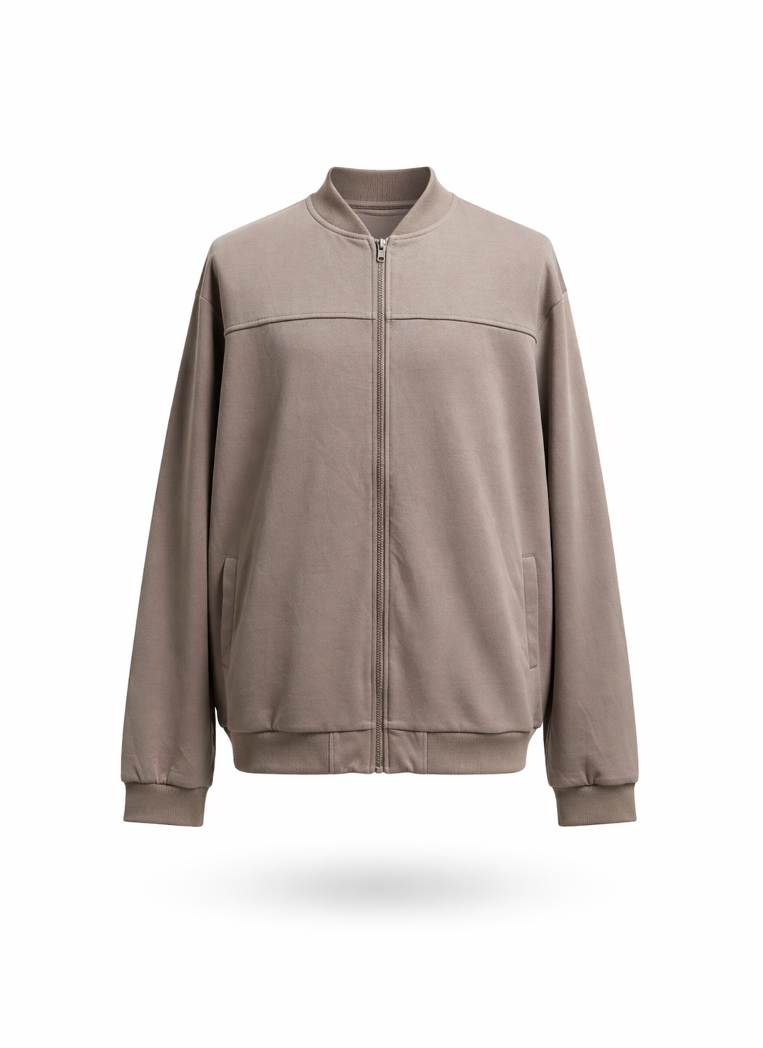 Urban Minimalist Zip-Up Bomber Jacket in Taupe