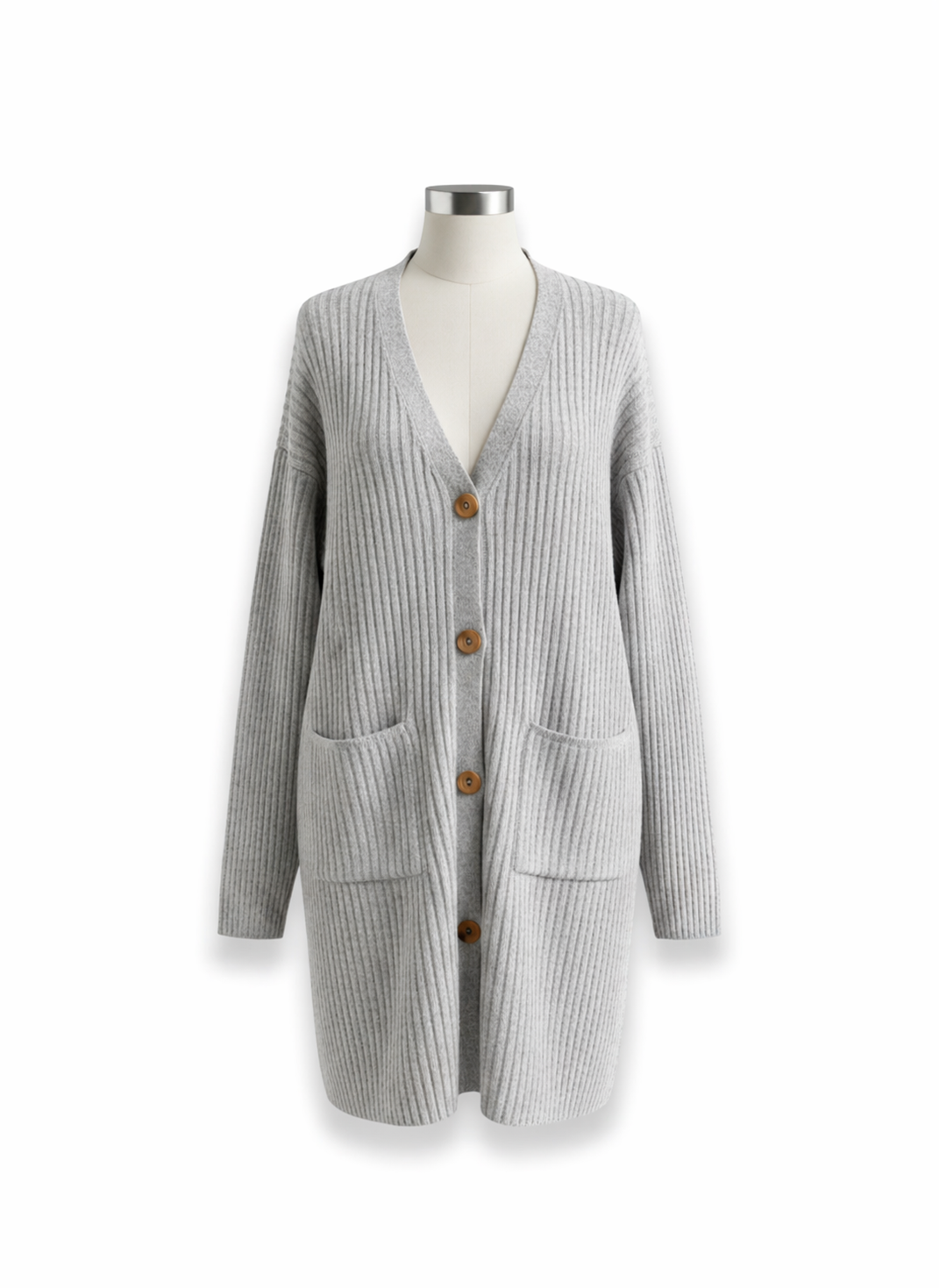 Women's Grey Ribbed Longline Button-Down Cardigan