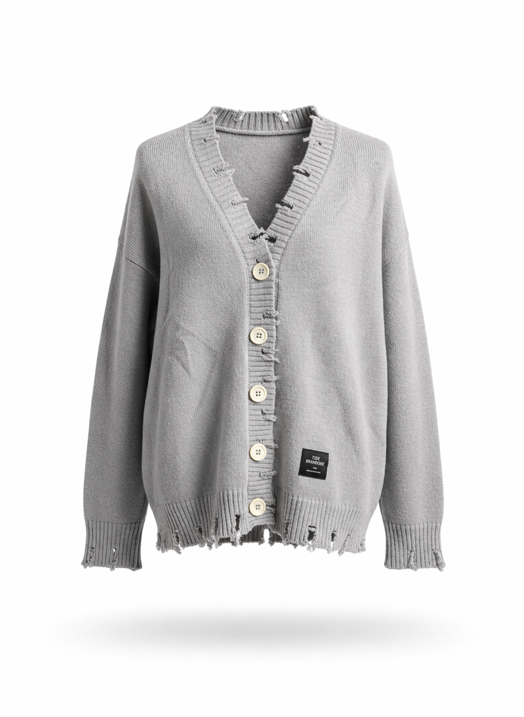 Women's Grey Distressed V-Neck Oversized Knit Cardigan