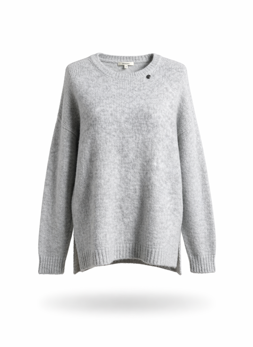 Sandro Women's Grey Oversized Fuzzy Knit Sweater with Signature Button Detail