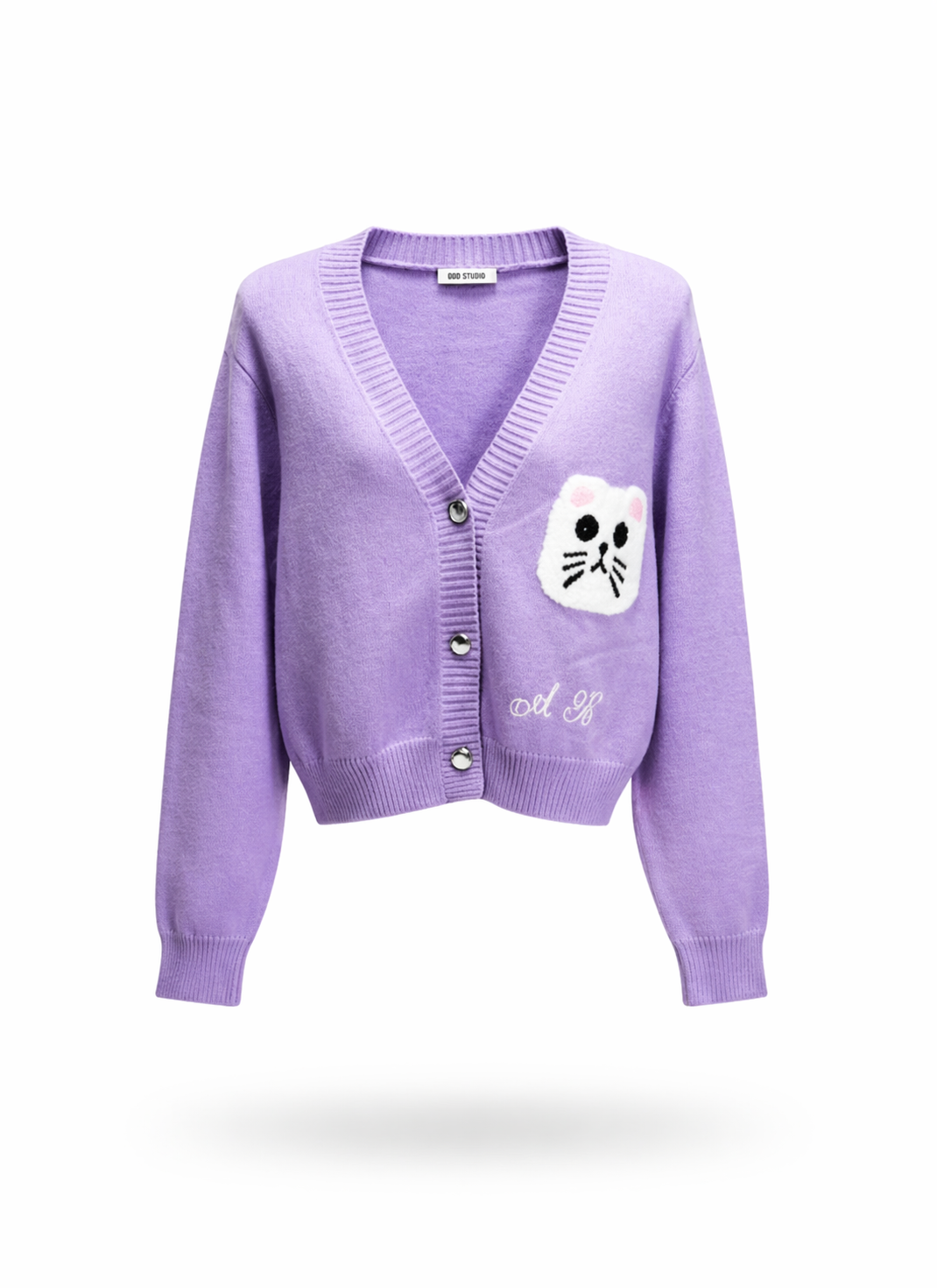 Lavender Whimsical Cat Patch Knit Cardigan