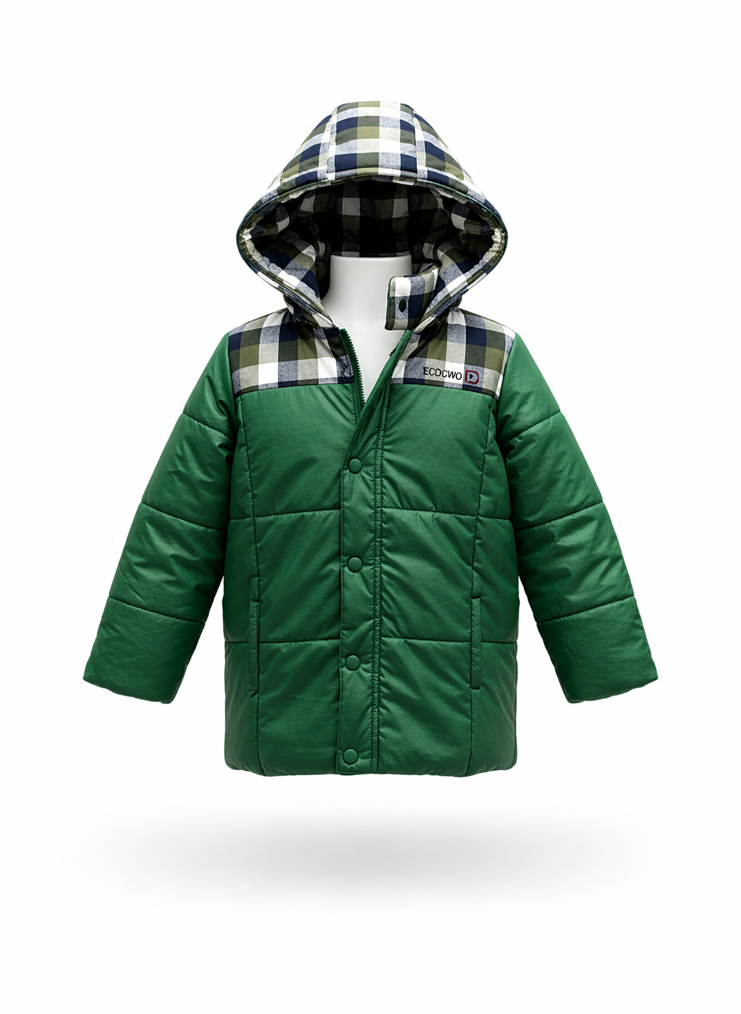 Boys Green Quilted Puffer Jacket with Checkered Yoke and Hood