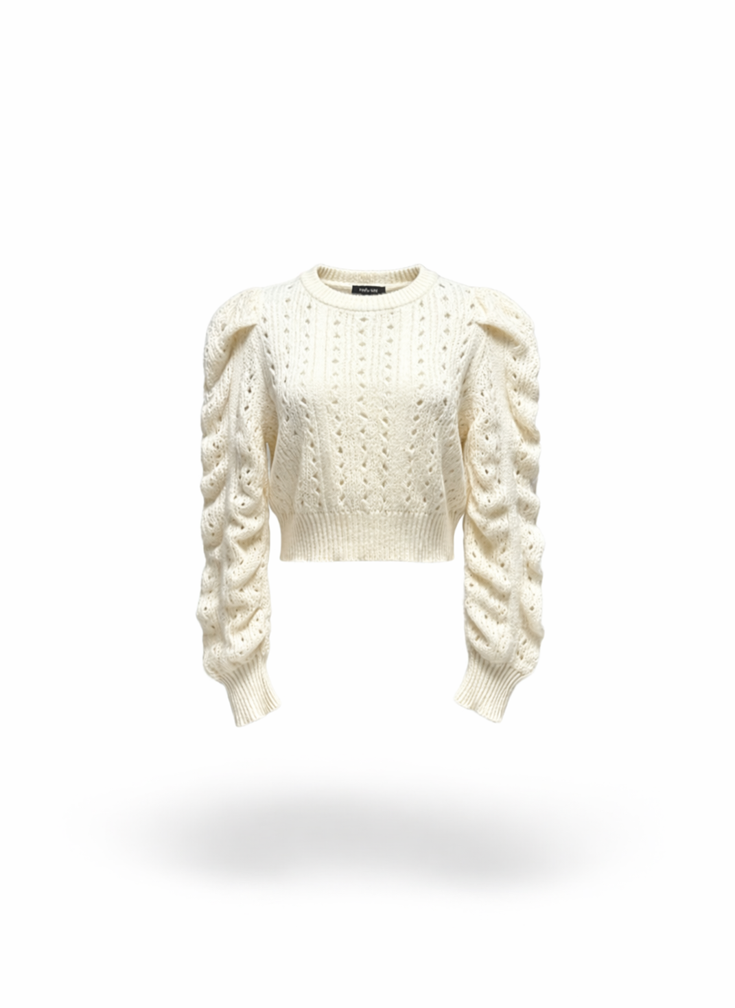 Women Cream Ruched Puff Sleeve Open-Knit Cropped Sweater