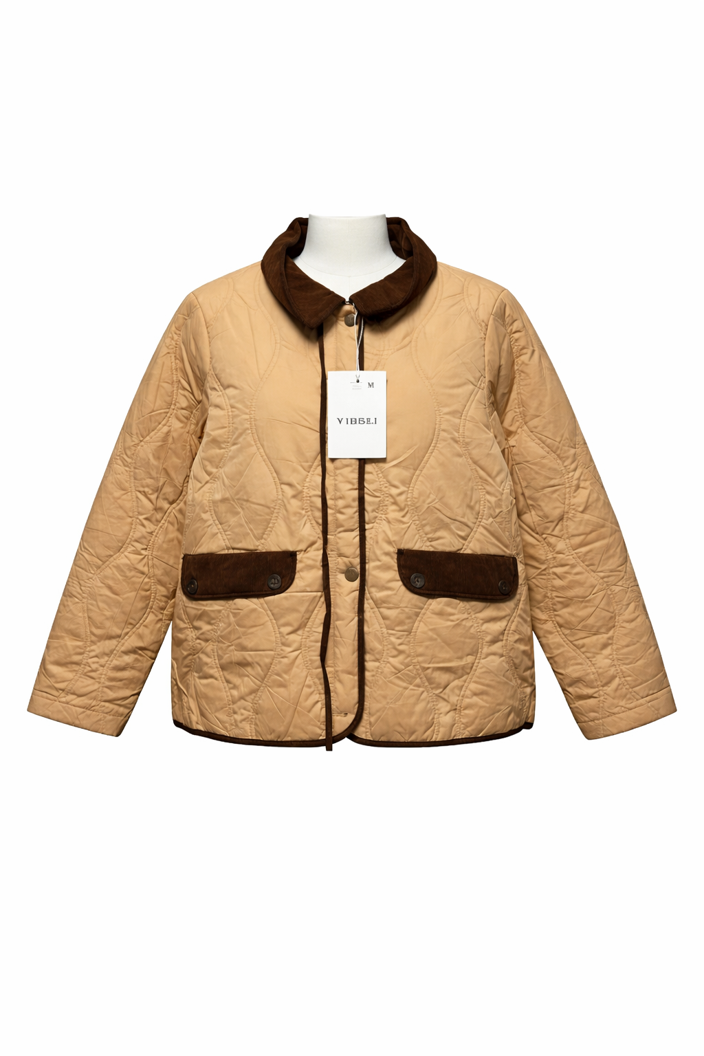 Women Tan Onion-Skin Quilted Jacket with Corduroy Collar