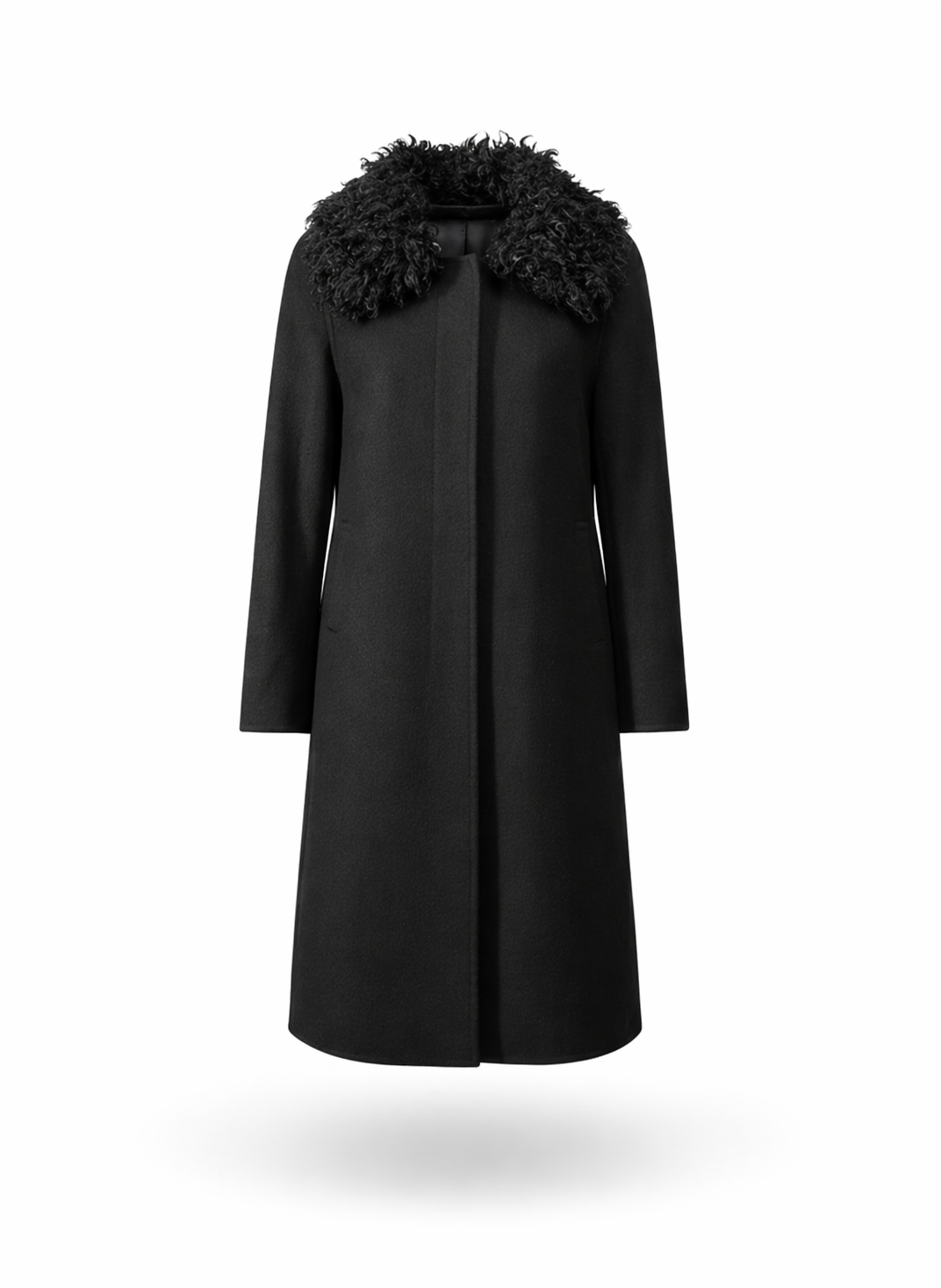Elegant Women's Long Black Wool-Blend Coat with Textured Faux Fur Collar