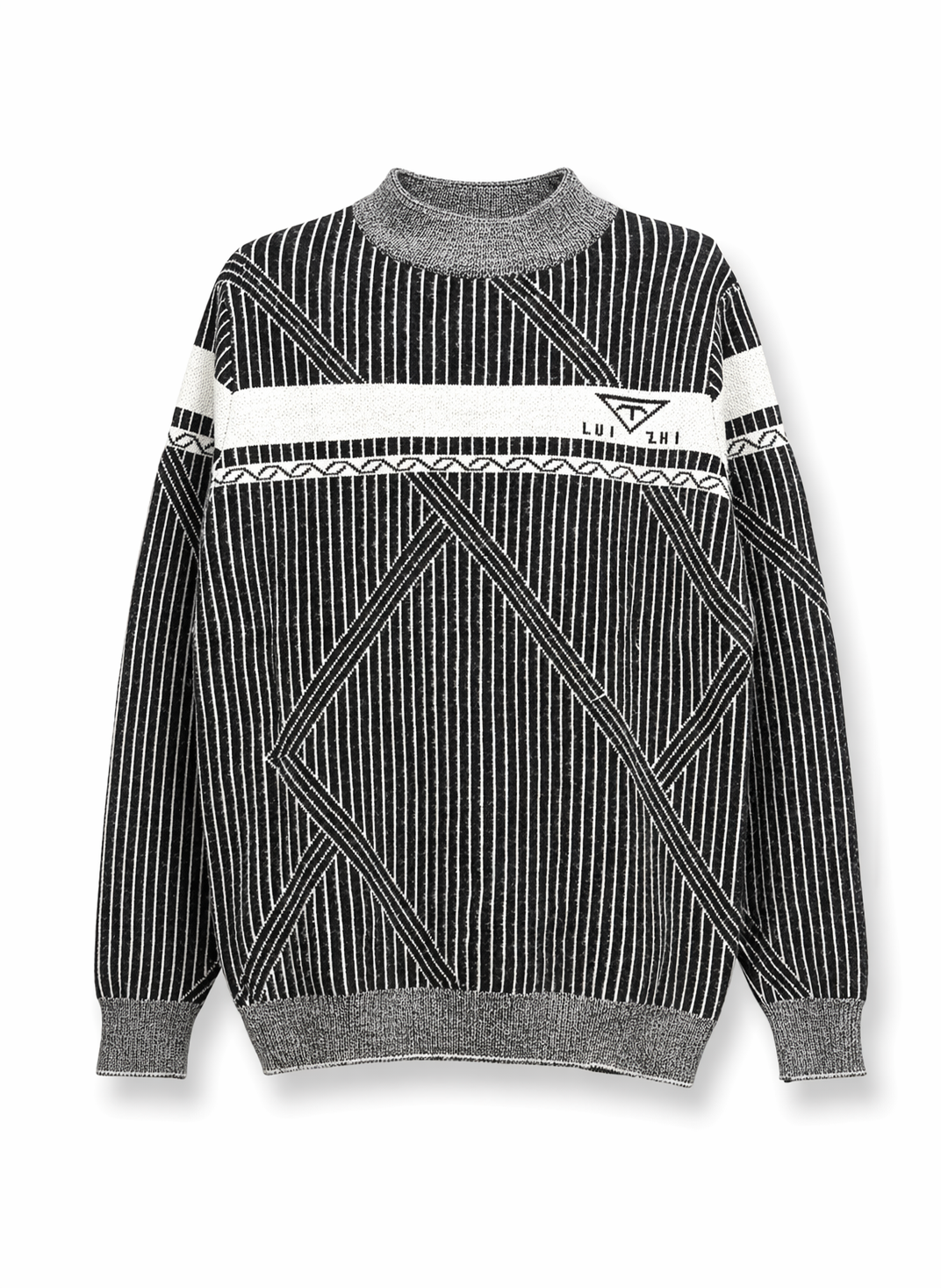 LUI ZHI Men Geometric Striped Knit Sweater