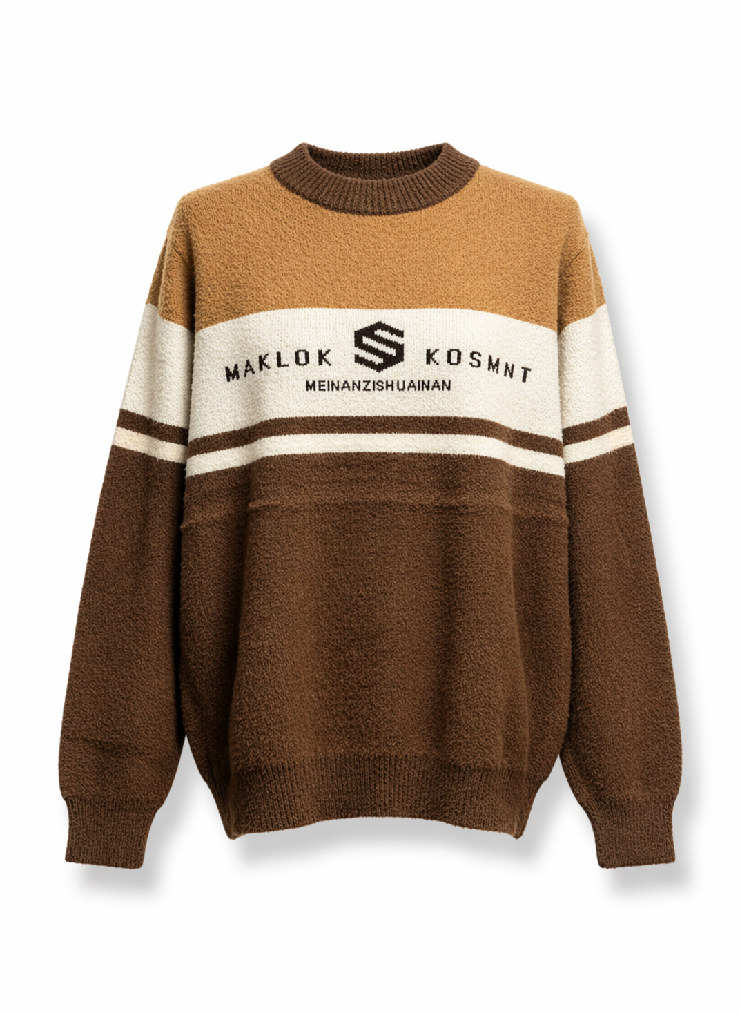 Maklok Men's Earth-Tone Colorblock Textured Streetwear Sweater
