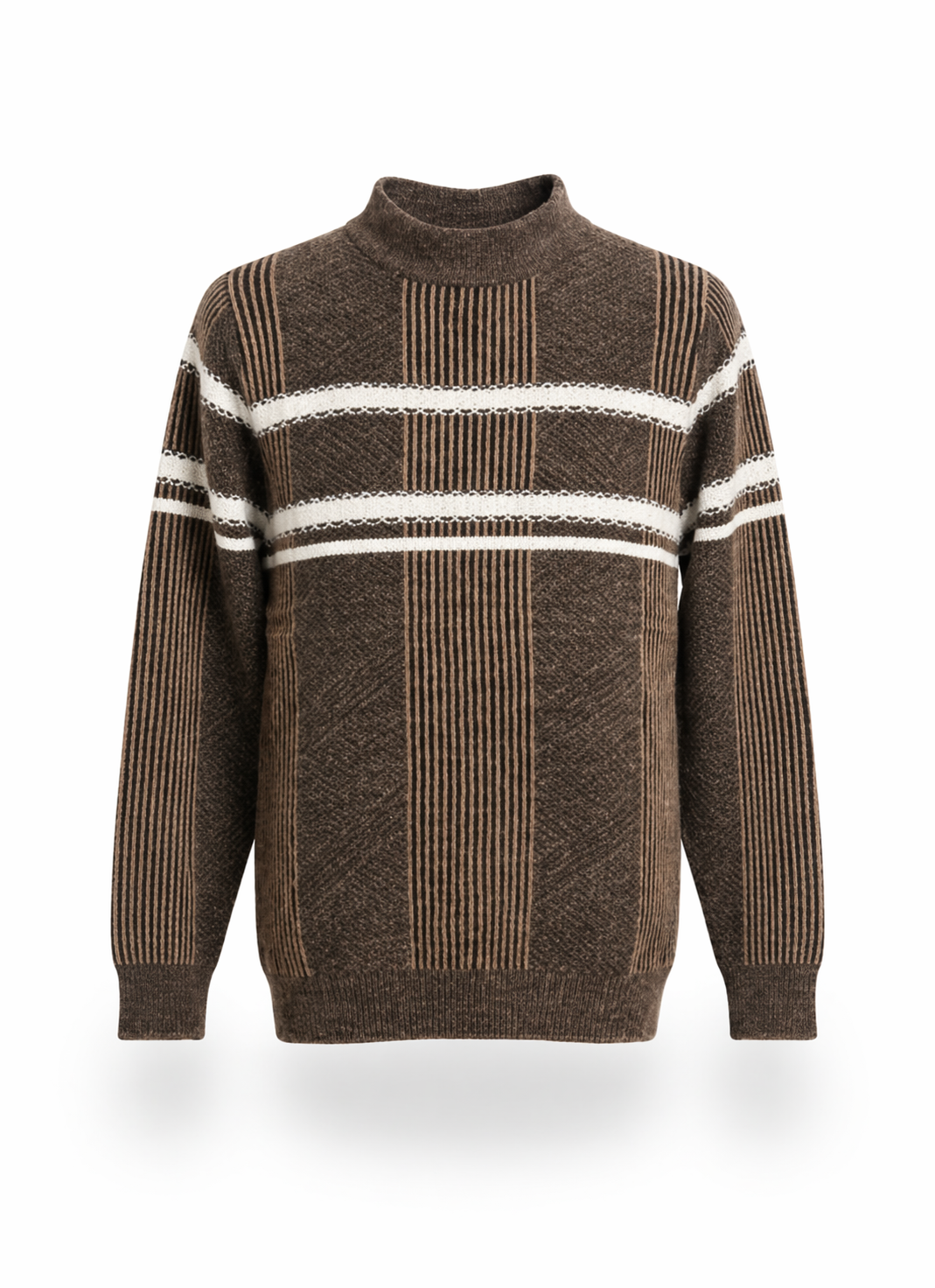 Classic Brown Textured Mock Neck Pullover Sweater for Men