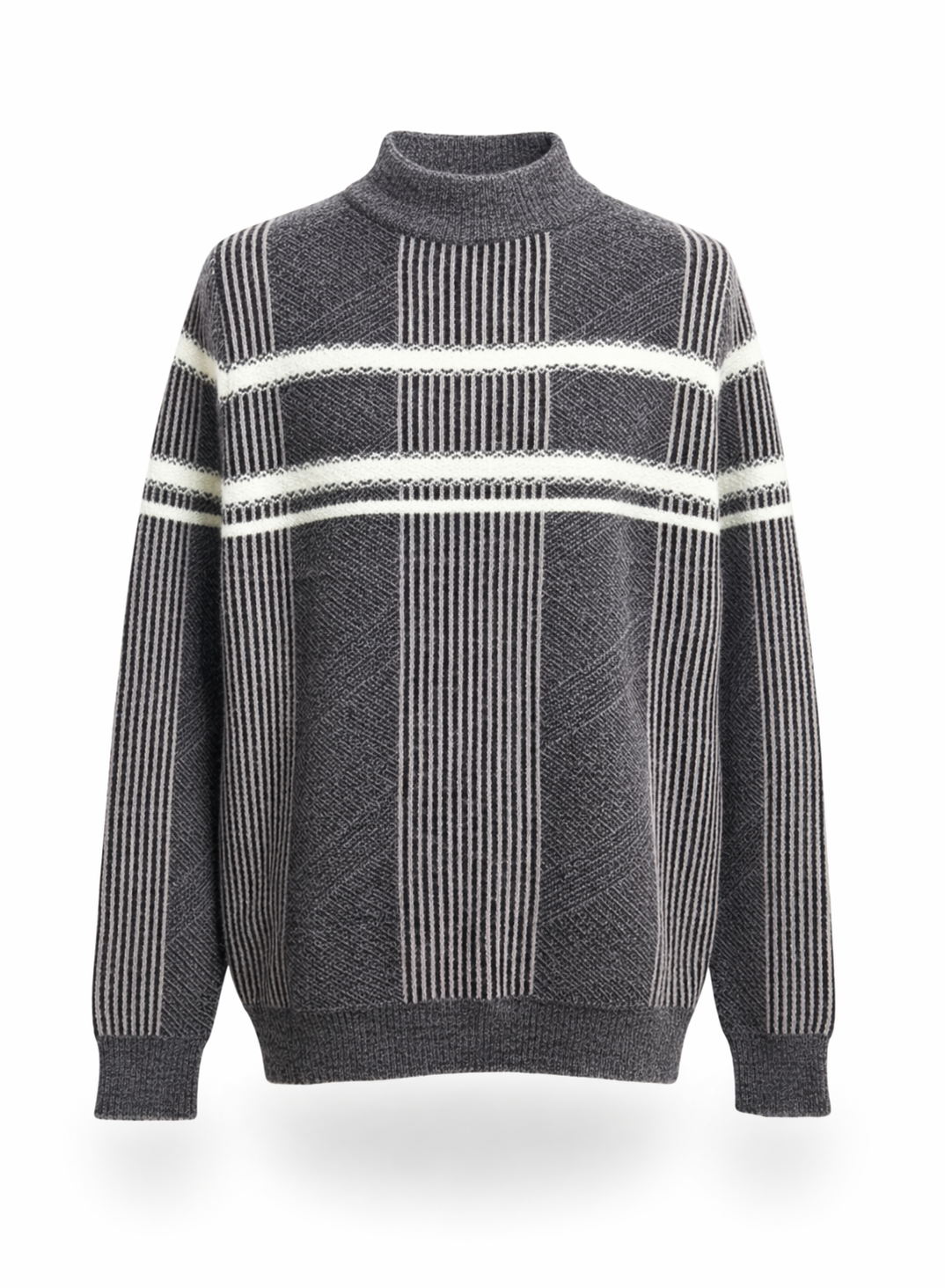 Men's Grey Geometric Striped Mock Neck Sweater