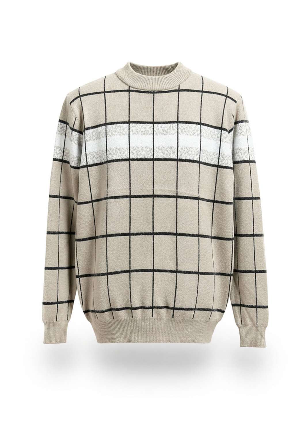 Mens Beige Windowpane Check Knit Crew Neck Sweater