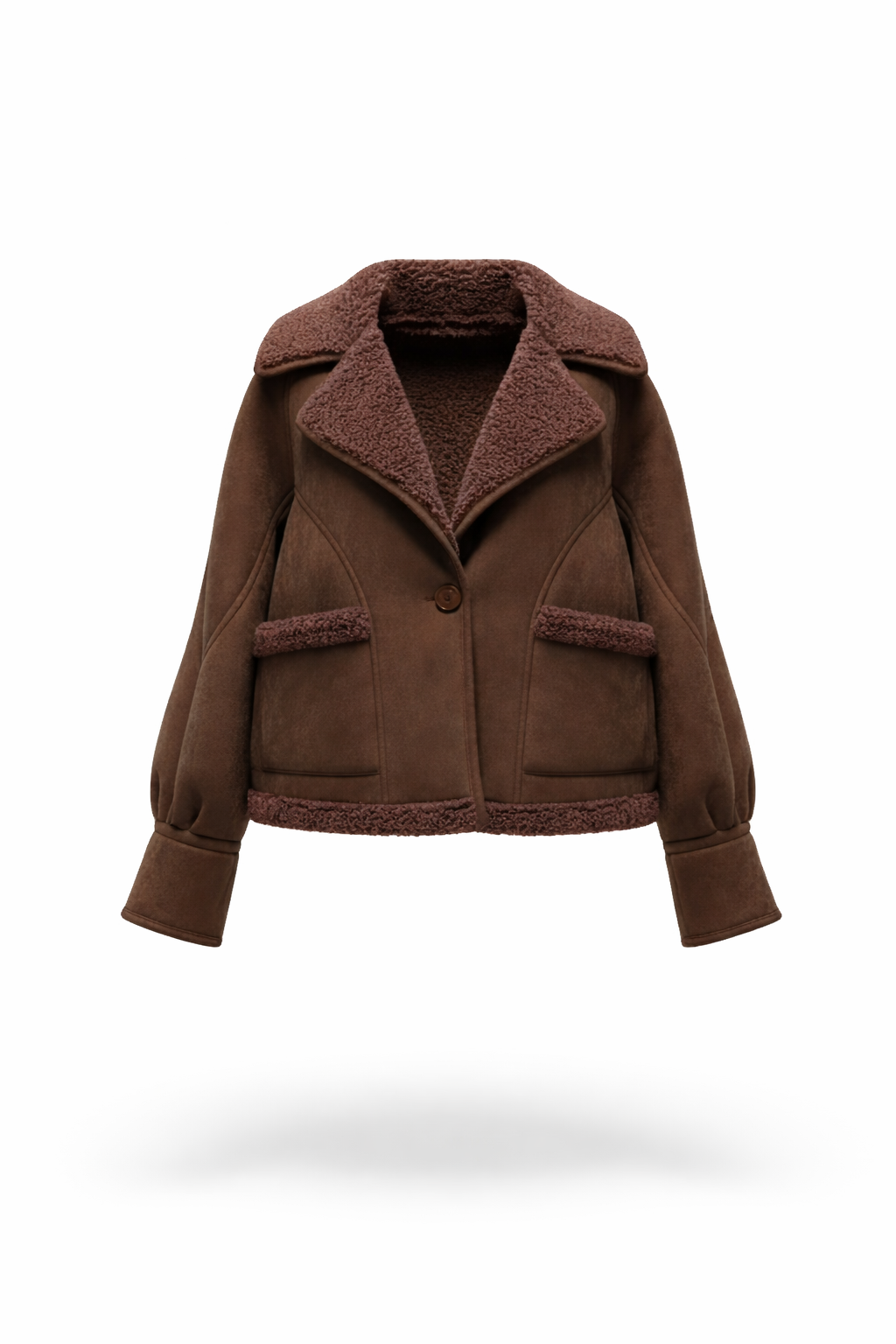 Women Chocolate Brown Faux Suede Shearling Lined Crop Jacket
