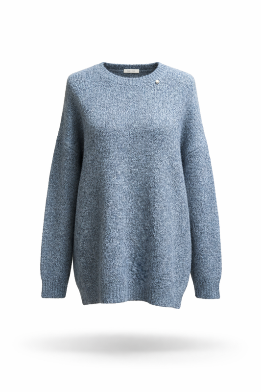 Azure Melange Oversized Knit Sweater with Pearl Detail
