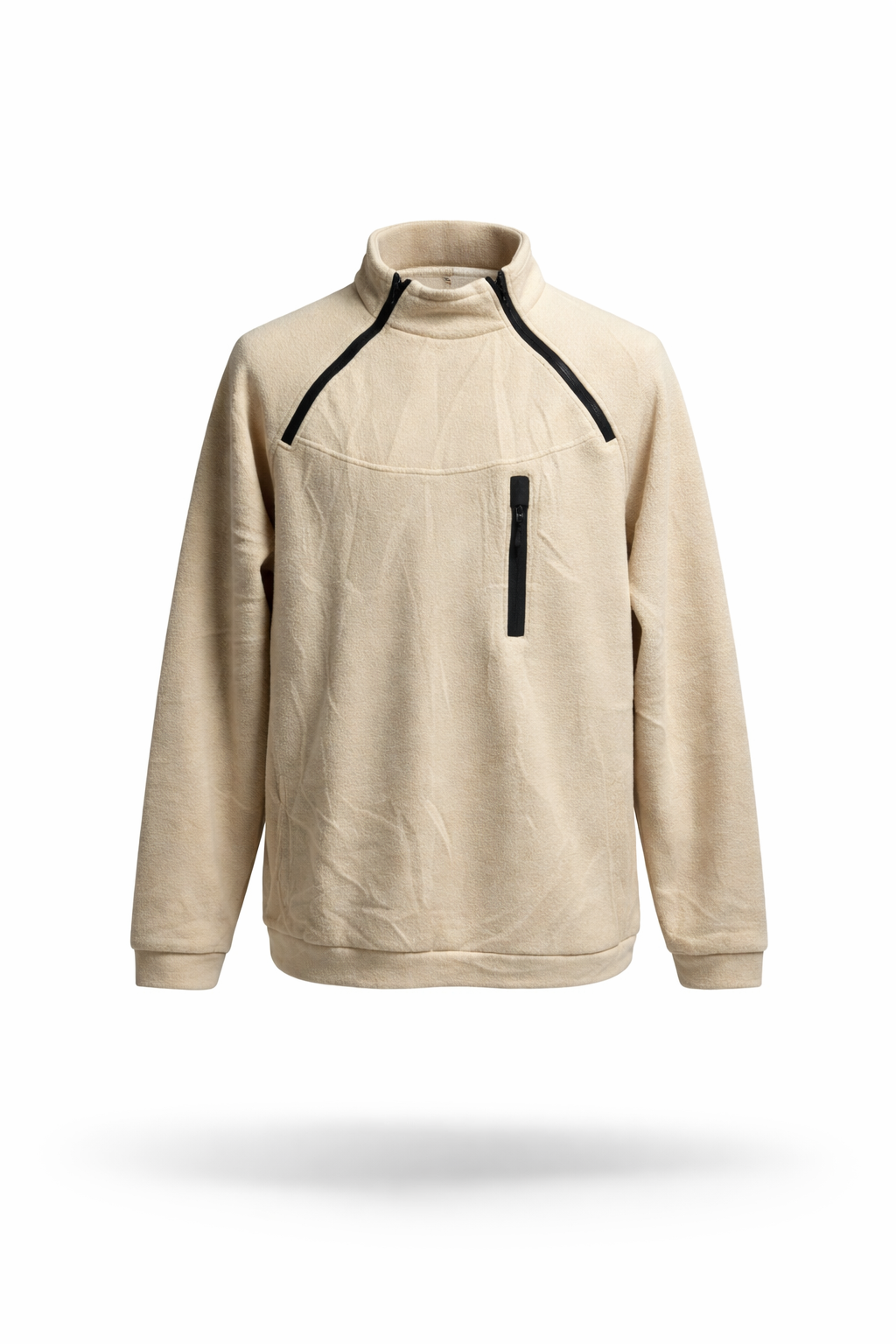 Men's Beige Polar Fleece Mock Neck Pullover with Utility Pocket