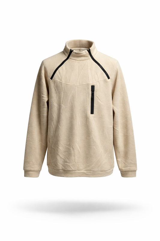 Men's Beige Polar Fleece Mock Neck Pullover with Utility Pocket