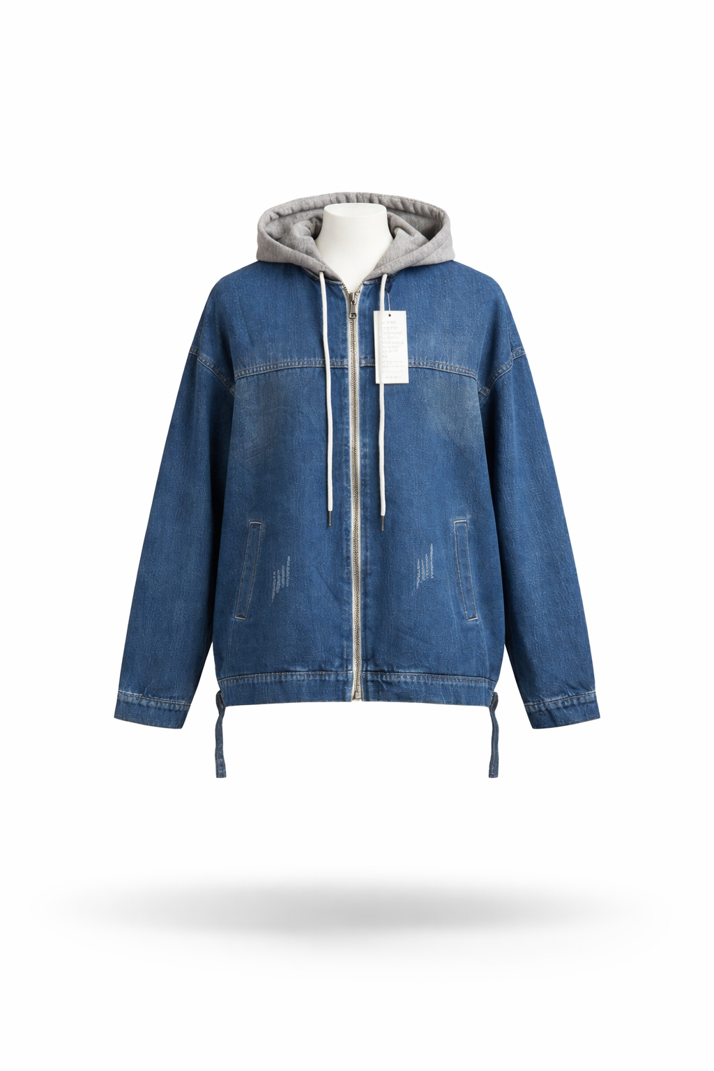 Womens Relaxed Fit Blue Denim Jacket with Contrasting Grey Hood