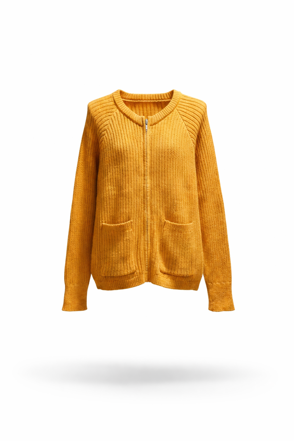 Mustard Yellow Ribbed Zip-Up Knit Cardigan with Pockets