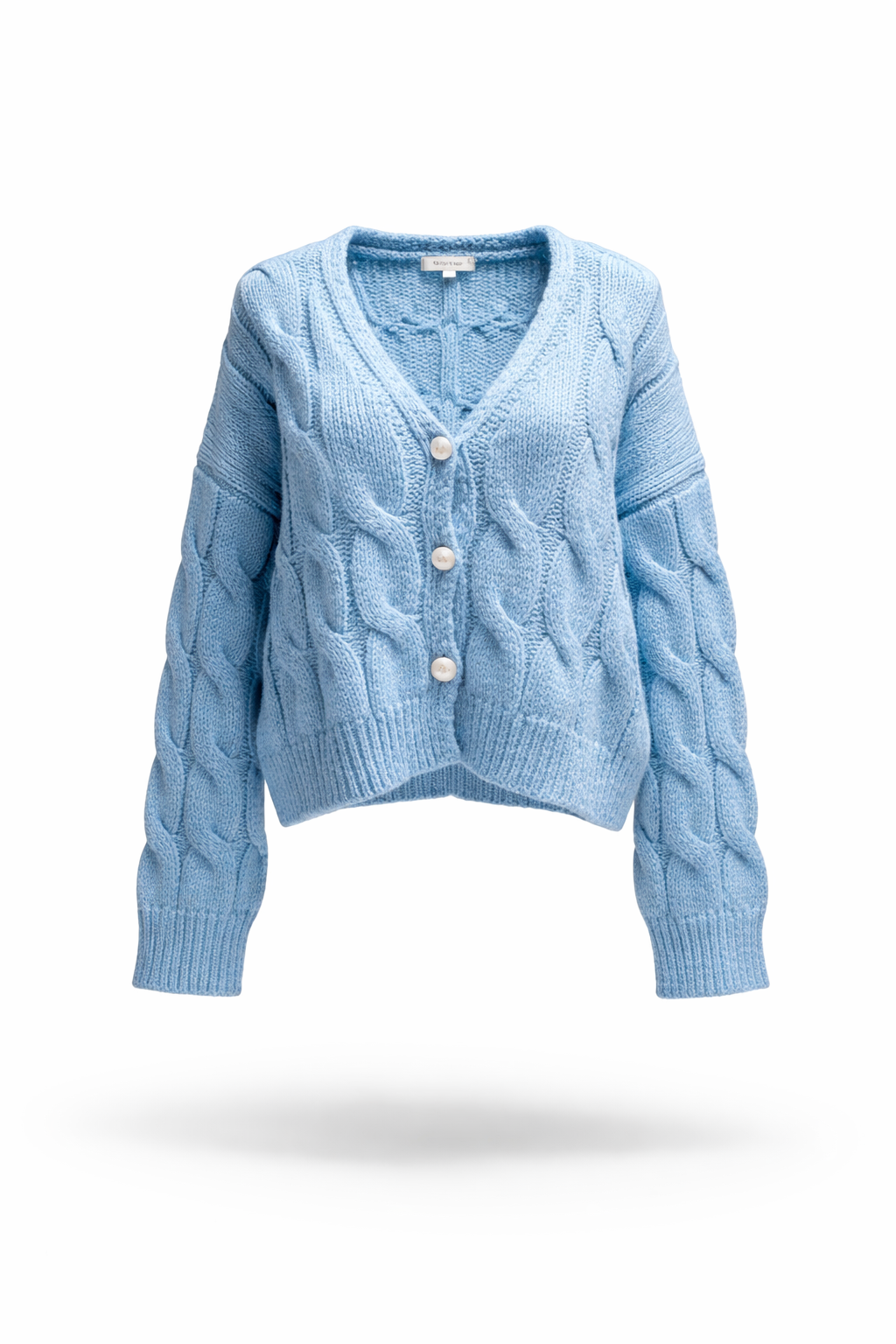 Sky Blue Chunky Cable Knit Cardigan with Pearl Buttons