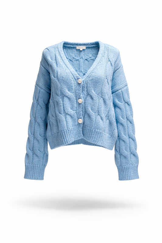 Sky Blue Chunky Cable Knit Cardigan with Pearl Buttons