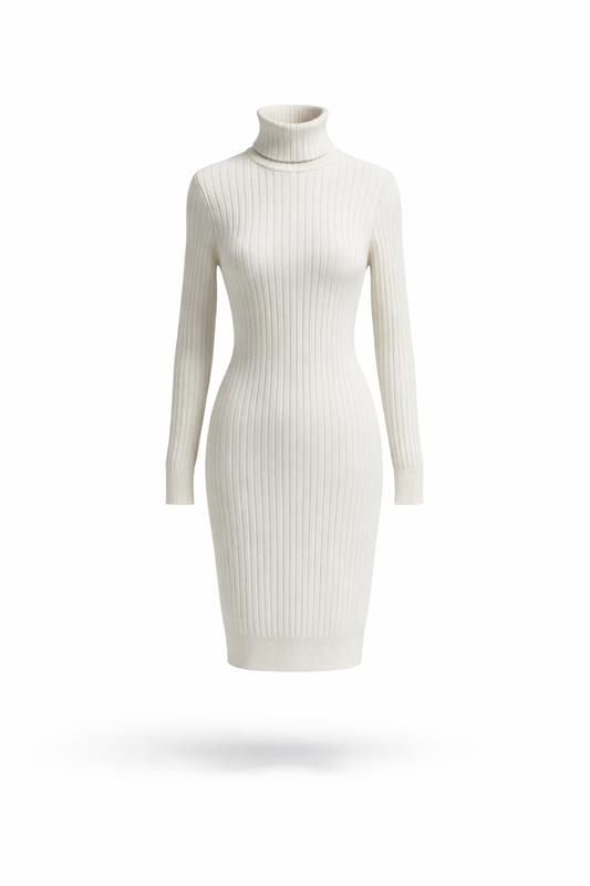 Women's Off-White Ribbed Turtleneck Bodycon Sweater Dress