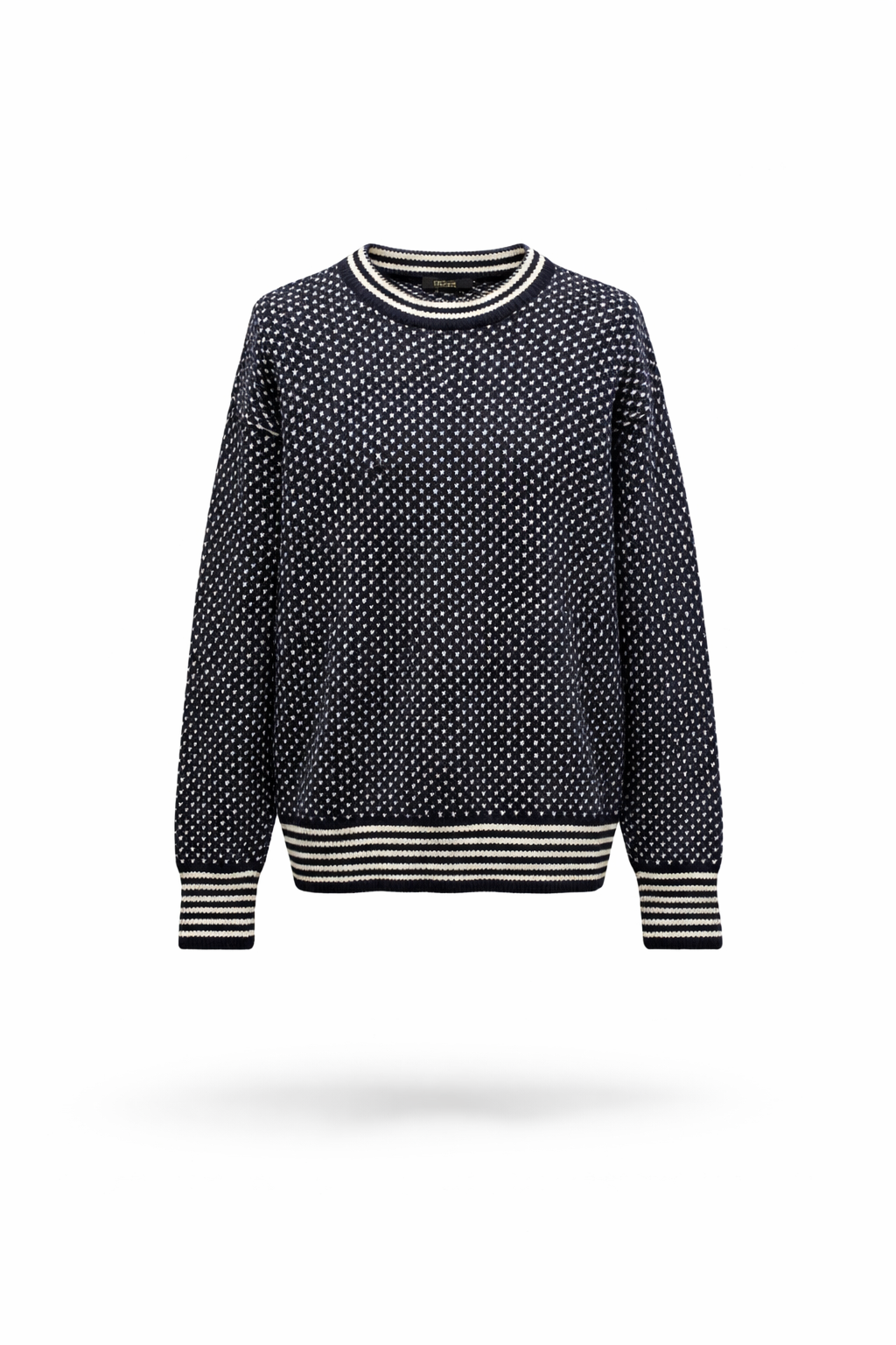 Maje Navy Blue Dot Patterned Striped Trim Sweater