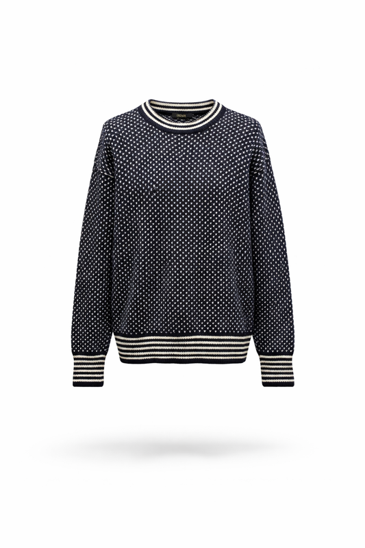 Maje Navy Blue Dot Patterned Striped Trim Sweater