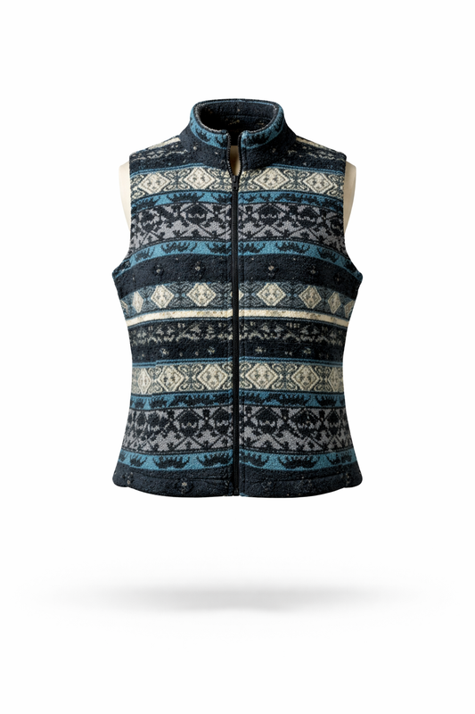 Women's Blue Geometric Print Fleece Zip-Up Vest