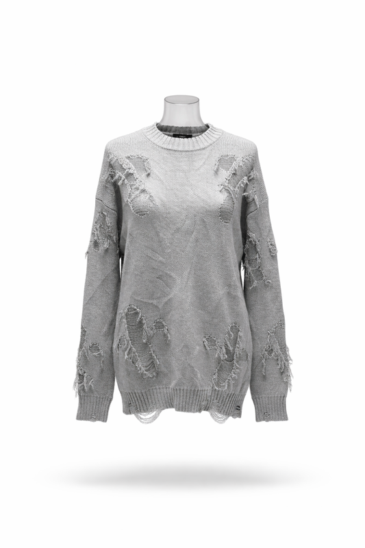 Grey Distressed Oversized Knit Streetwear Sweater