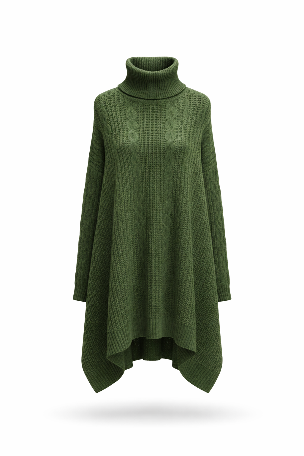Women's Olive Green Oversized Cable Knit Turtleneck Asymmetric Sweater