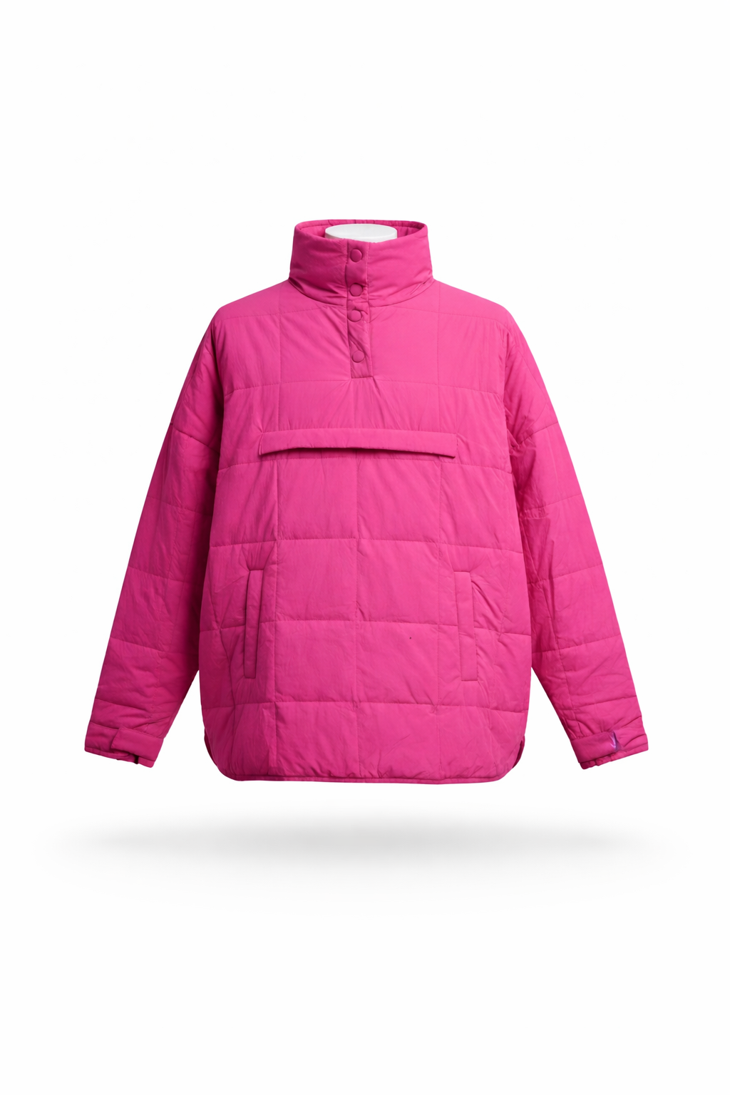 Women Hot Pink Box-Quilted Mock Neck Puffer Pullover