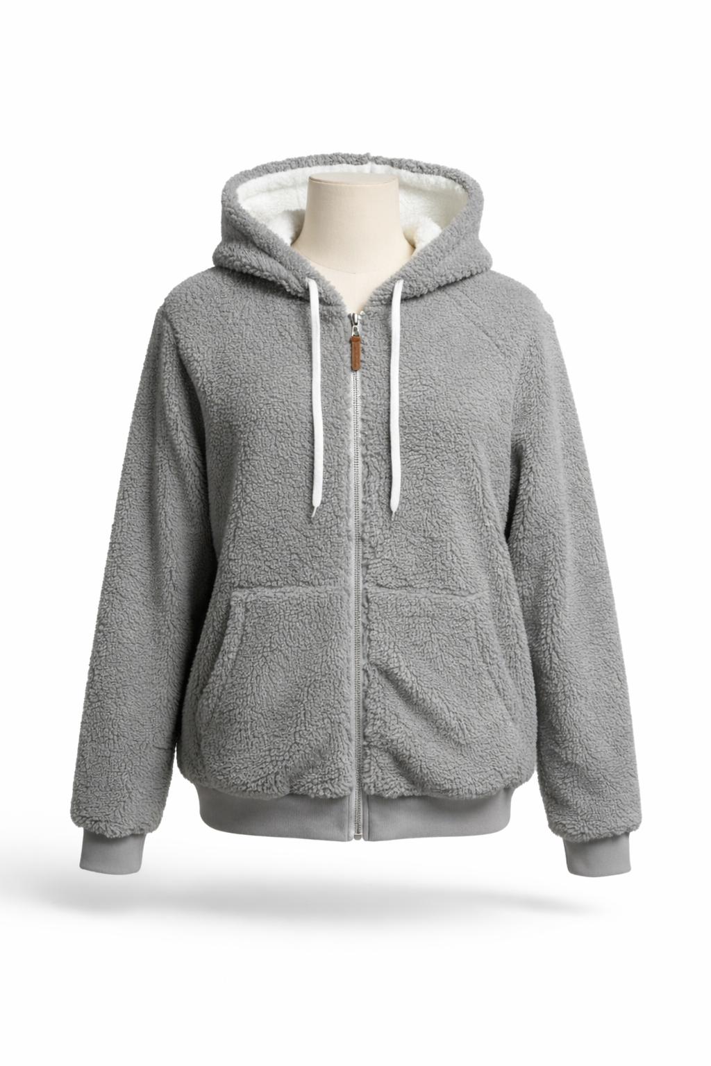 Women Plush Grey Teddy Fleece Zip-Up Hoodie