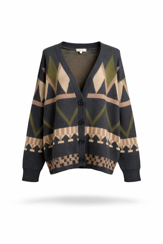 Geometric Jacquard Oversized Knit V-Neck Cardigan