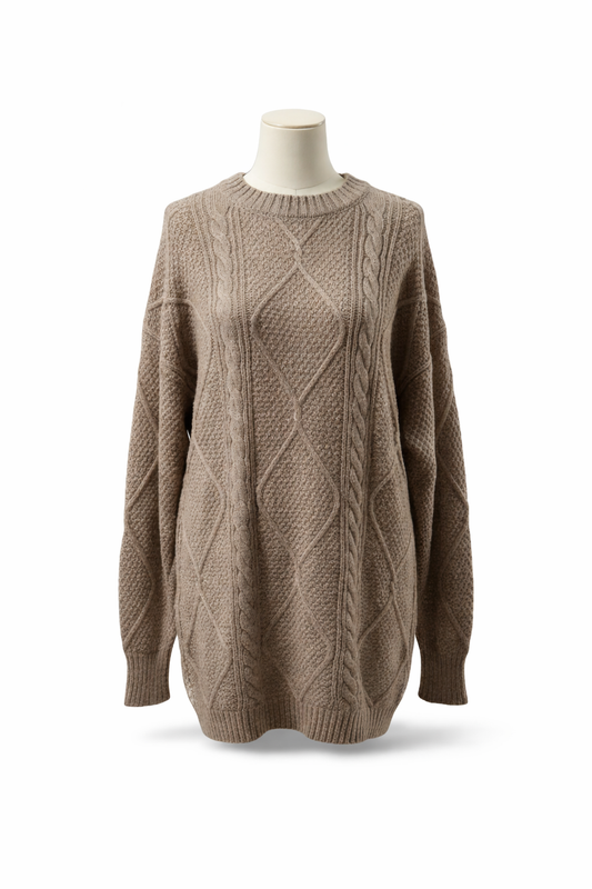 Cozy Diamond Cable Knit Oversized Crew Neck Sweater