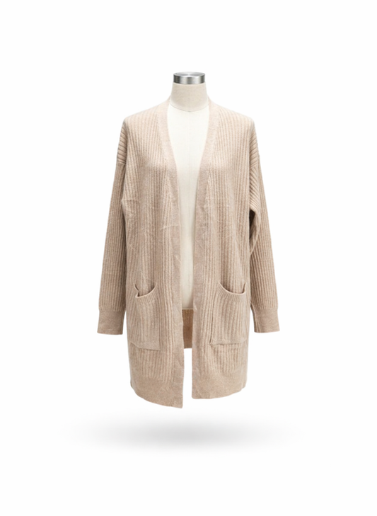 Women's Oatmeal Beige Ribbed Longline Open Cardigan