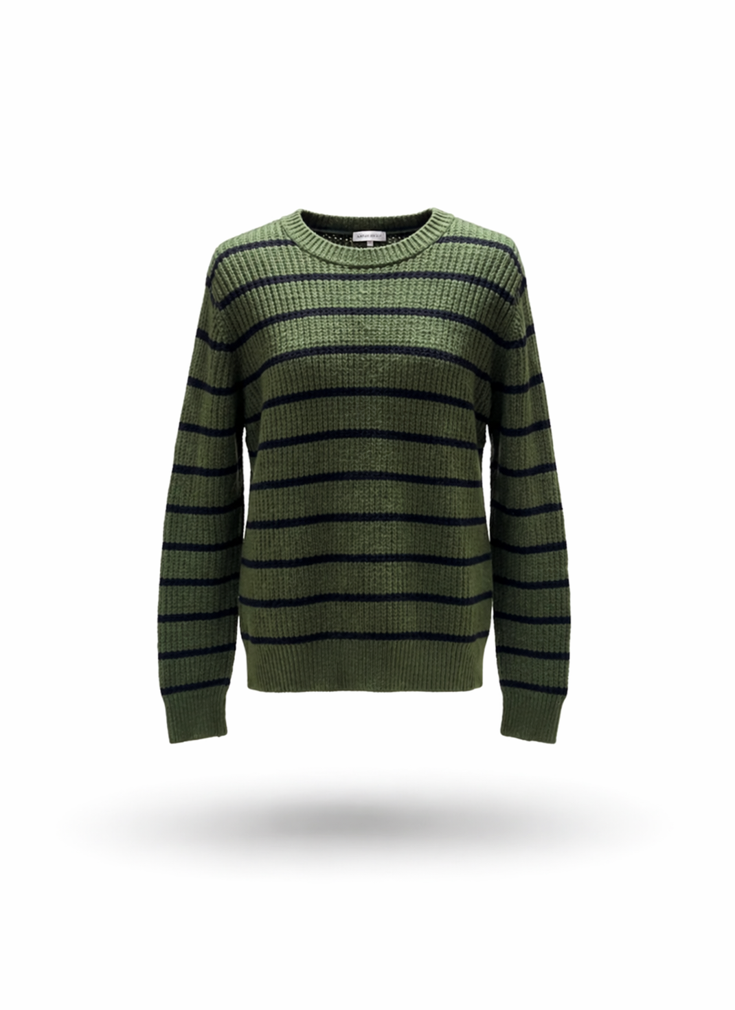 Men's Olive Green and Navy Blue Striped Textured Knit Crew Neck Sweater