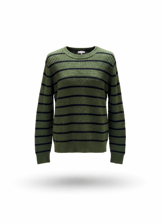 Men's Olive Green and Navy Blue Striped Textured Knit Crew Neck Sweater