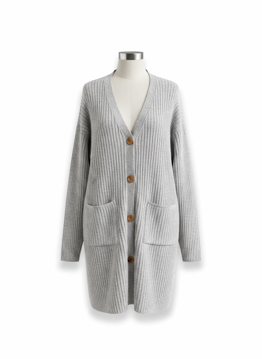 Women's Grey Ribbed Longline Button-Down Cardigan