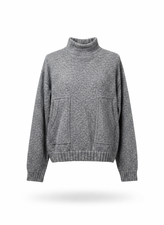 Heather Grey Oversized Mock Neck Sweater with Front Pockets