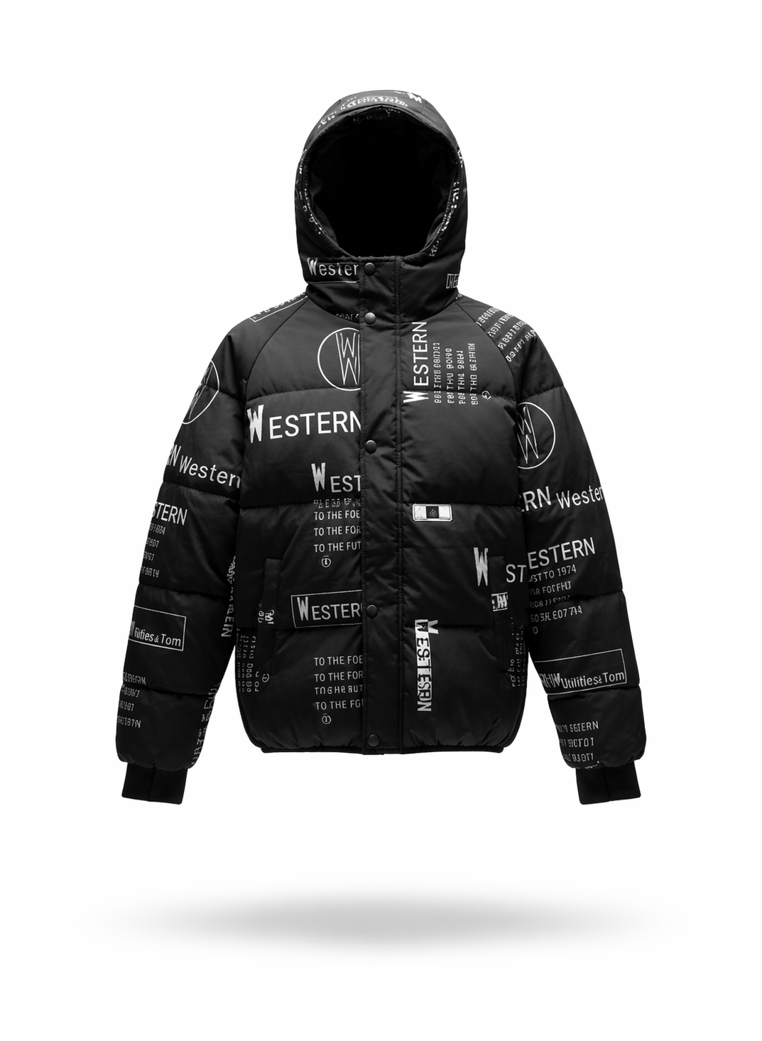 WESTERN Typographic Print Monochrome Hooded Puffer Jacket