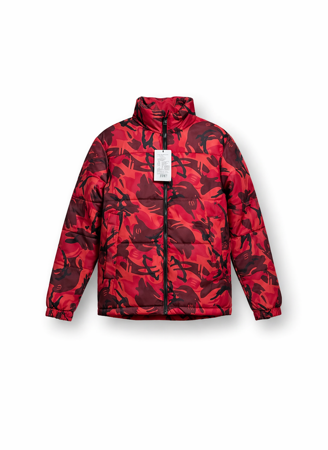Red Abstract Camo Print High-Neck Puffer Jacket