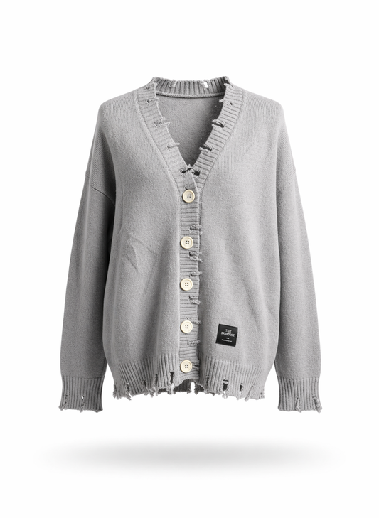 Women's Grey Distressed V-Neck Oversized Knit Cardigan
