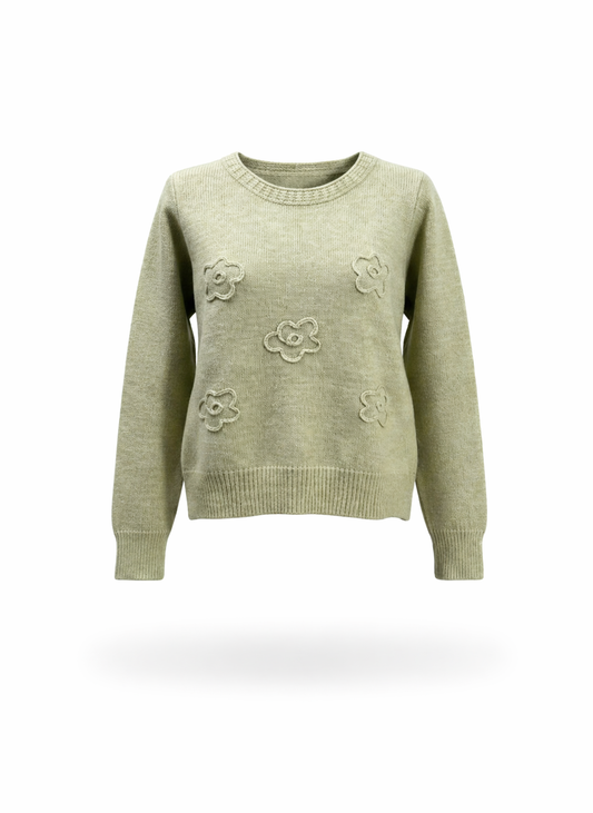 Sage Green Floral Applique Knit Sweater