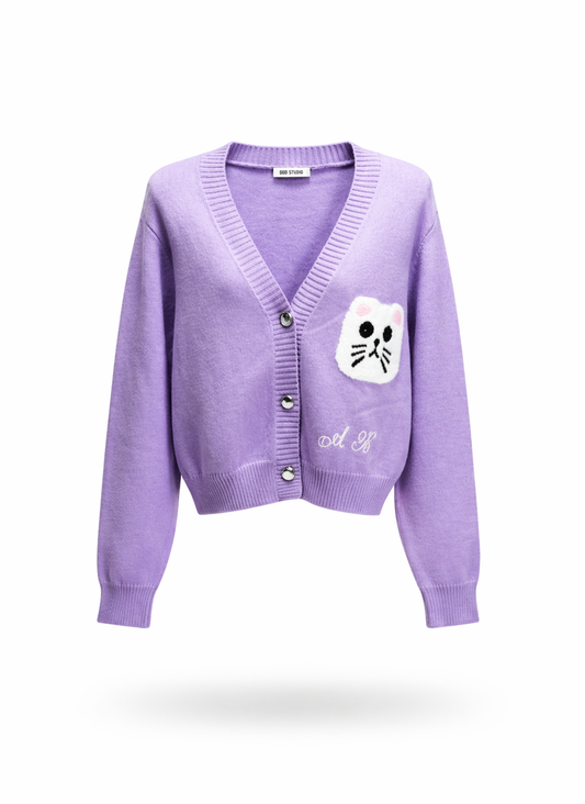 Lavender Whimsical Cat Patch Knit Cardigan