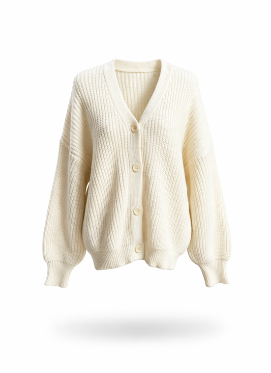 Women Cream Oversized V-Neck Ribbed Knit Cardigan